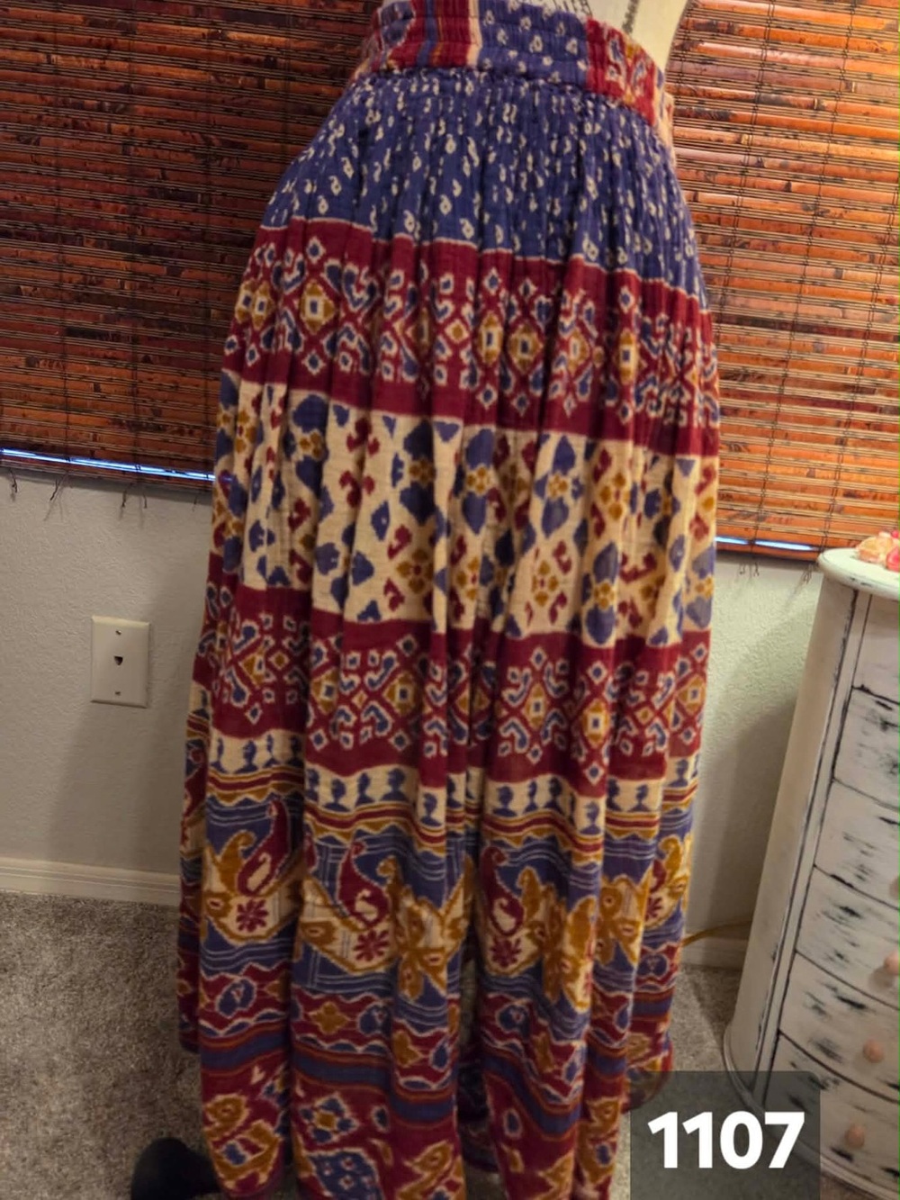 Spell Bound Bohemian Maxi Skirt in Blue, Red & Cream